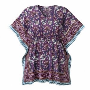 Sevya Handmade Block Print Kaftan Tunic Dress Purple Floral Boho Resort Beach
